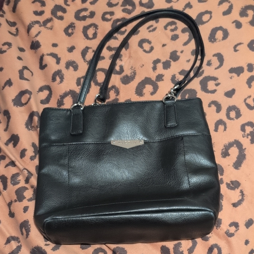 Black Leather Like Shoulder Tote with Dual Straps